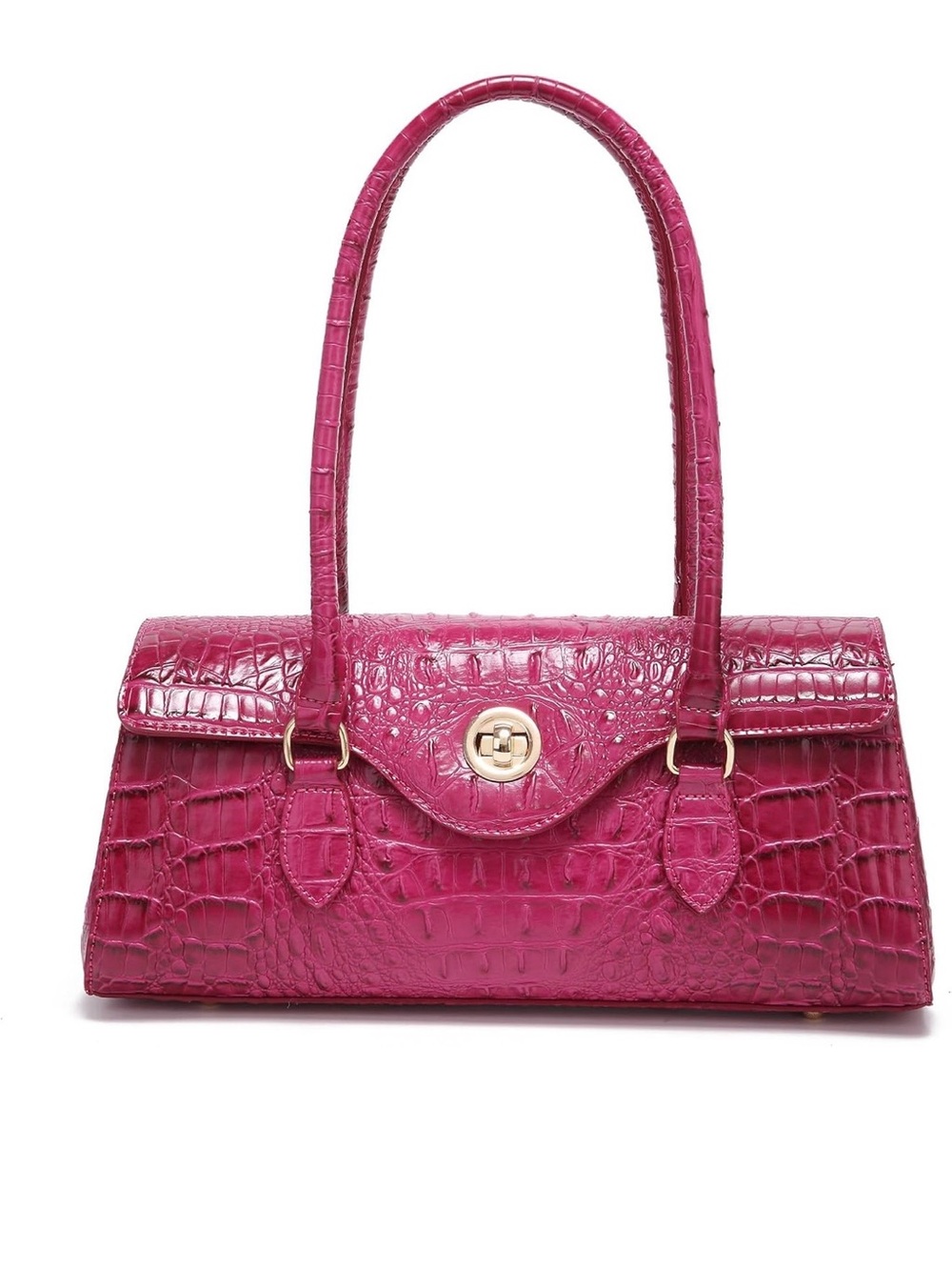 Fuchsia Croc-Embossed Shoulder Bag
